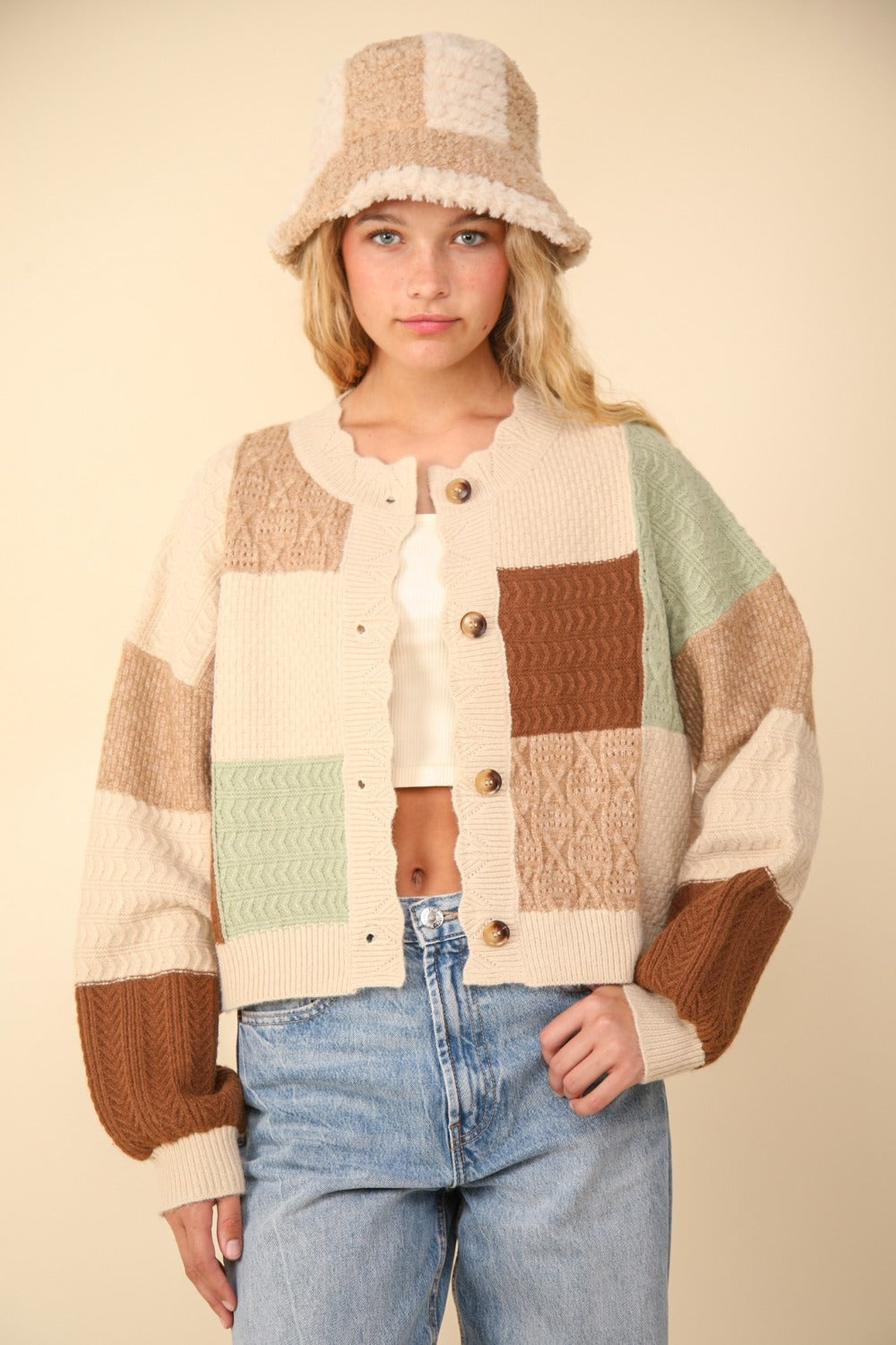 VERY J Color Block Button Down Textured Sweater Cardigan In Oatmeal