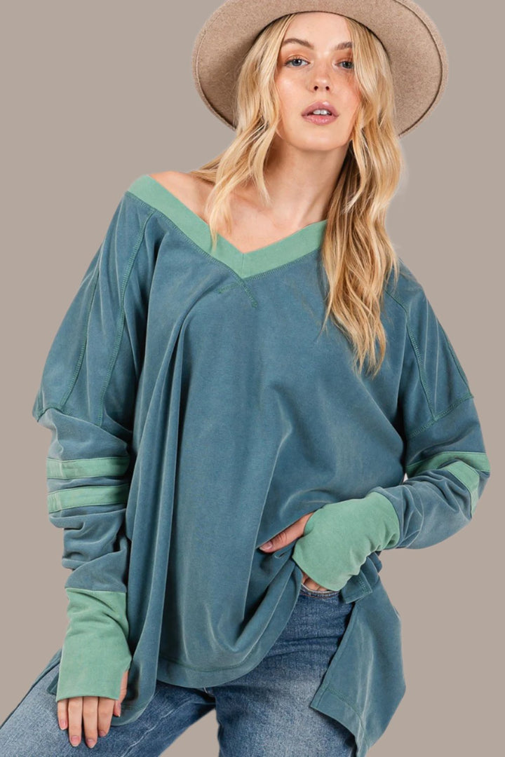 SAGE + FIG Mineral Wash Side Slit Contrast Top In Teal