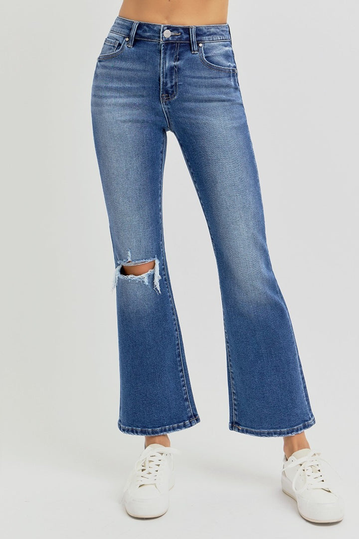 RISEN Distressed High Rise Crop Flare Jeans In Dark Wash