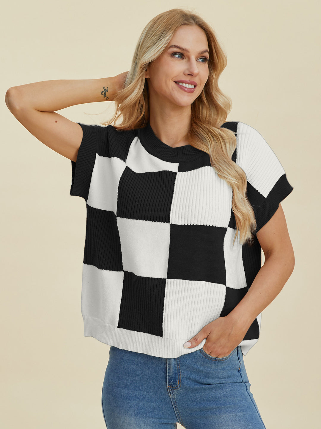 Double Take Checkered Short Sleeve Sweater