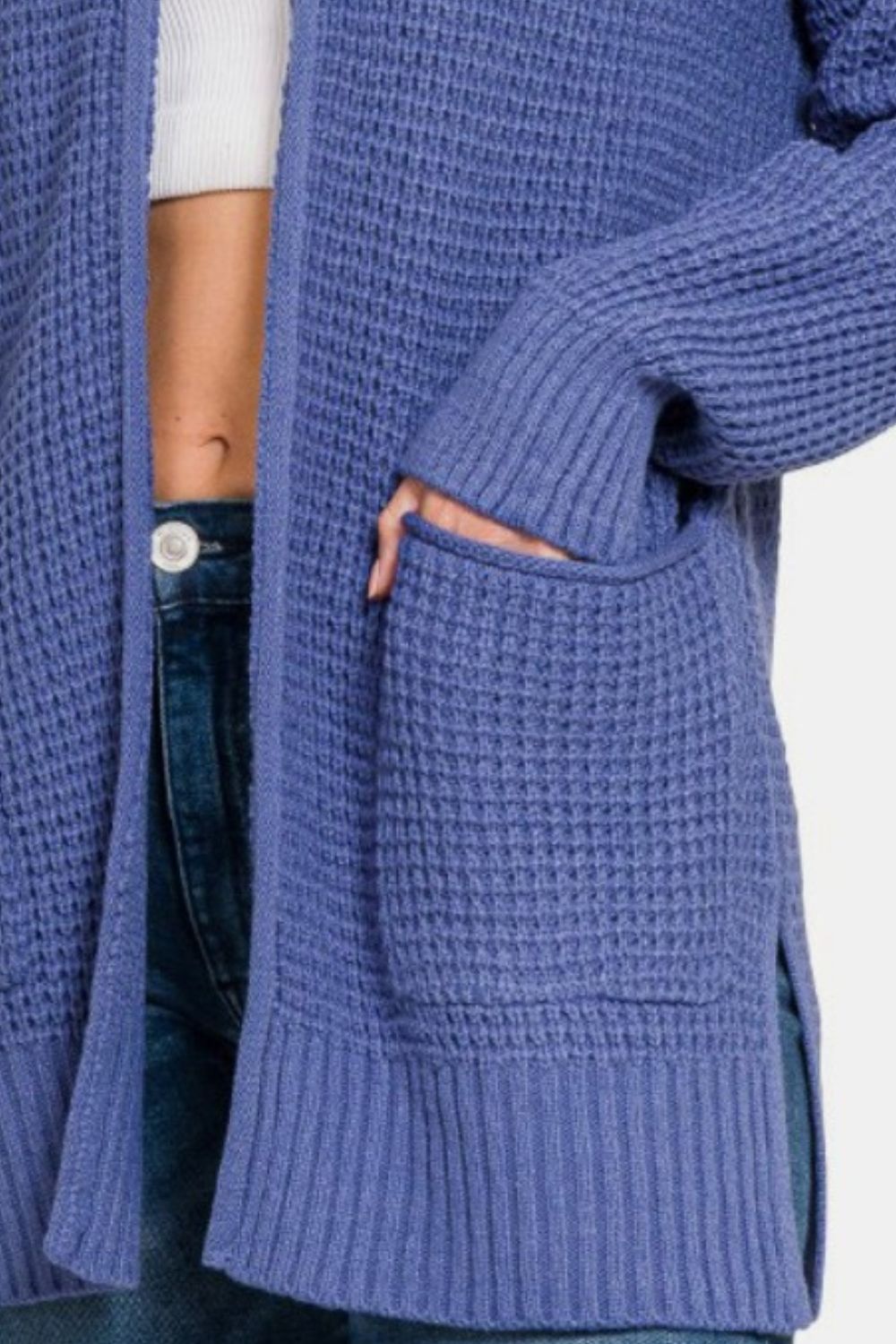 Zenana Waffle Open Front Sweater Cardigan In Marlin