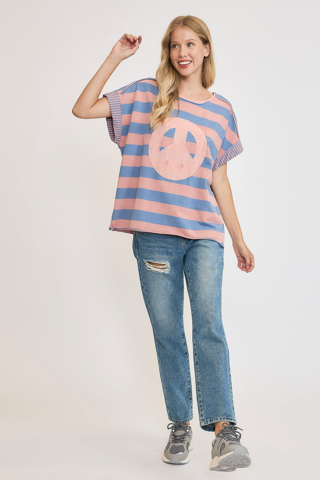 Umgee Peace Sign Patch Striped Top In Dusty Blue