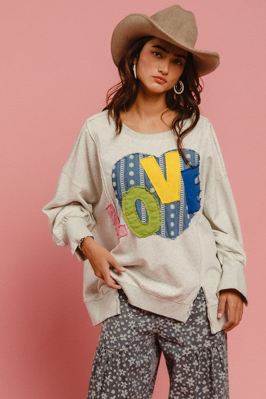 BiBi LOVE Heart Patch Slit French Terry Sweatshirt In Light Gray