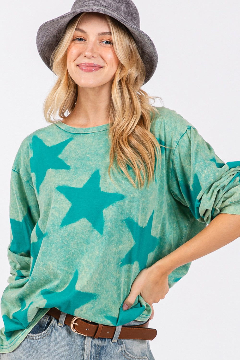 SAGE + FIG Mineral Wash Star Pattern Top In Turquoise