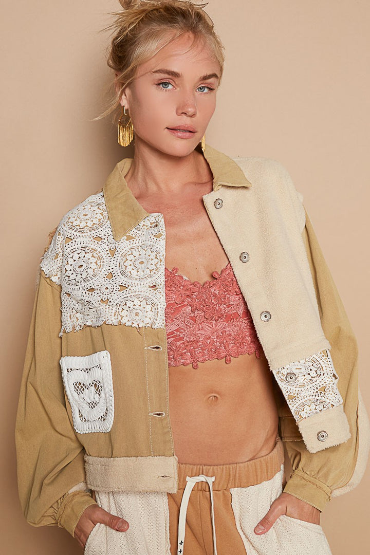 POL Crochet Patch Exposed Seam Button Up Jacket In Sand