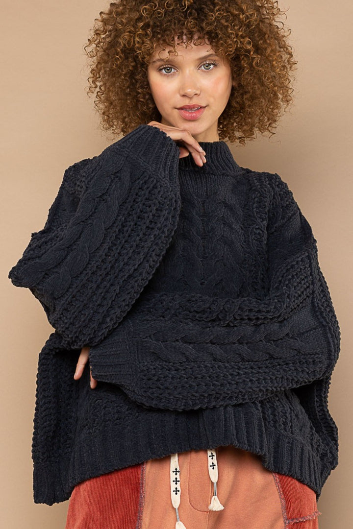 POL Mock Neck Cable Knit Sweater In Charcoal