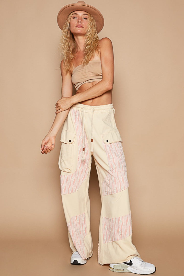 POL Crochet Contrast Drawstring Wide Leg Pants In Cream