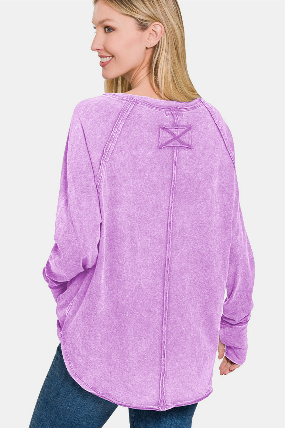 Zenana Round Neck Thumbhole Long Sleeve Top In Lavender