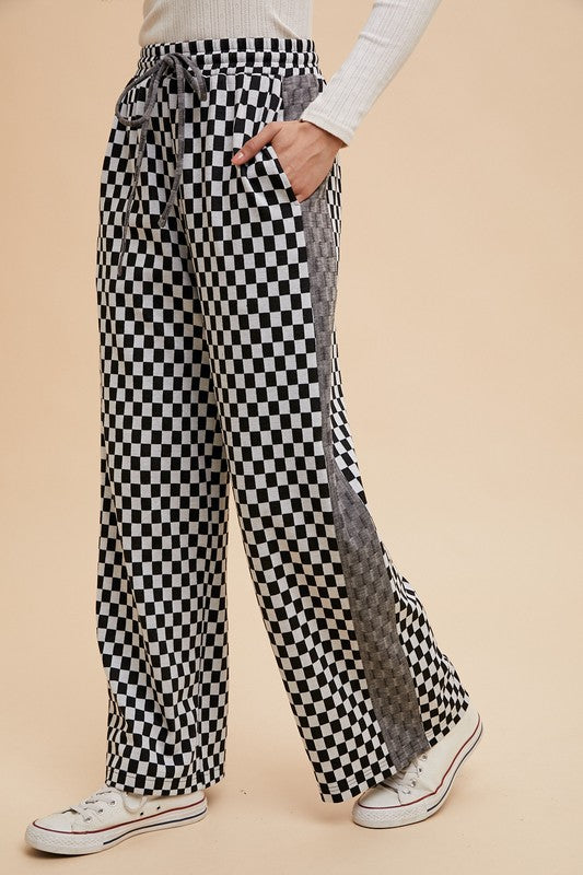 Annie Wear Drawstring Checkered Wide Leg Pants In Black