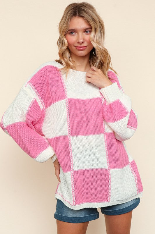 Haptics Checkered Drop Shoulder Sweater In Pink