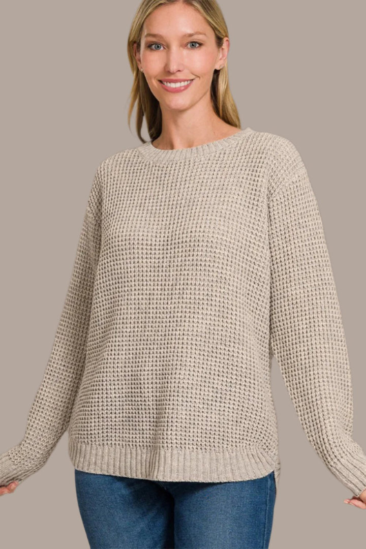 Zenana High Low Waffle Sweater In H Mocha