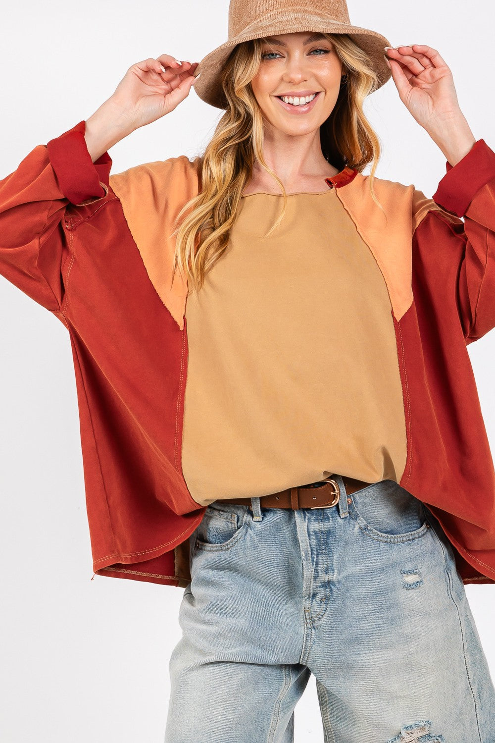 SAGE + FIG Mineral Wash Color Block Top In Toast