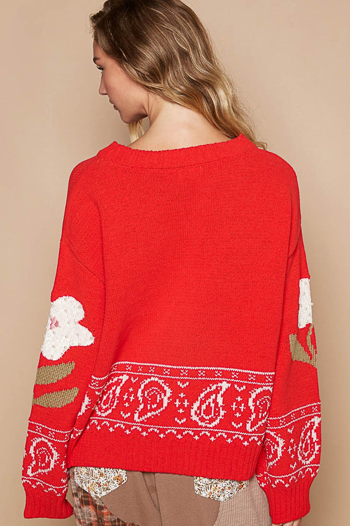 POL Flower Lace Patch Long Sleeve Sweater In Red