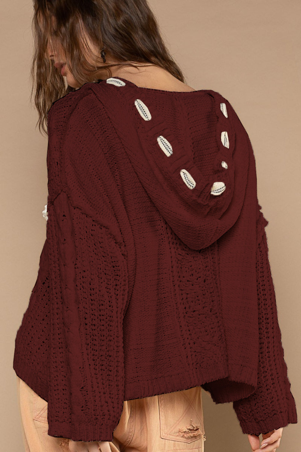 POL Cable Knit Hooded Chenille Sweater In Burgundy