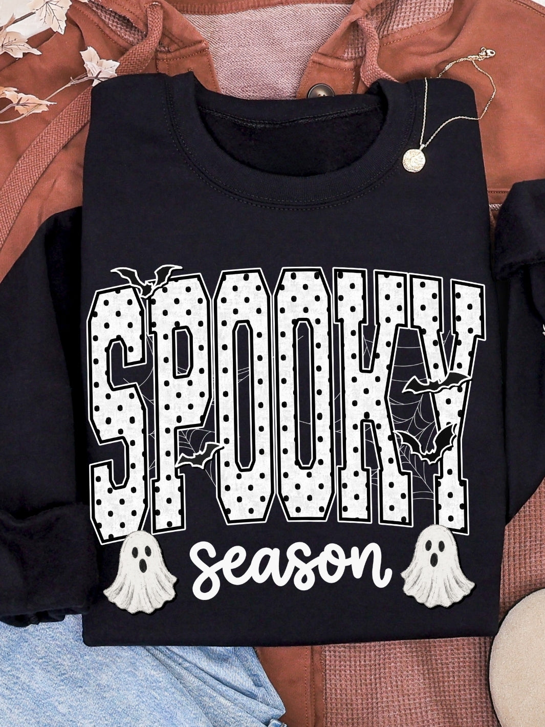 Retro Spooky Season Black Polka Dots Graphic Crewneck Sweatshirt