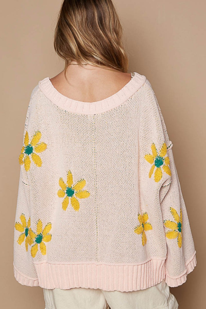 POL V-Neck Floral Pattern Chenille Sweater In Pink Mojito