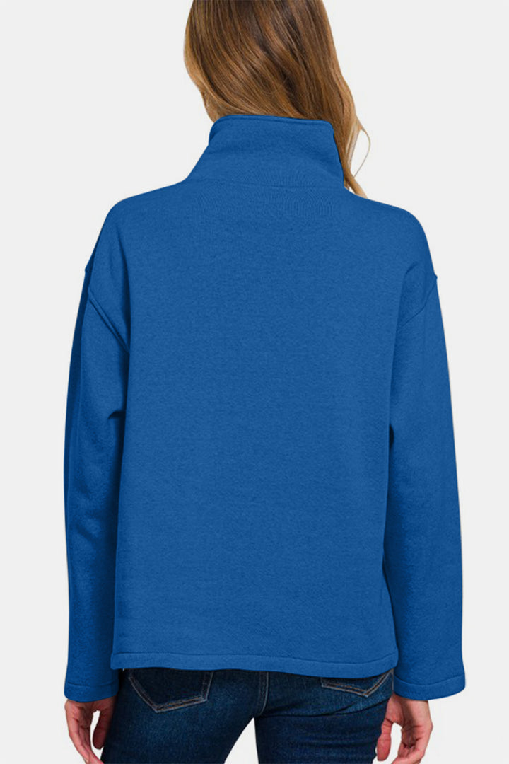 Zenana Turtleneck Half Snap Fleece Sweatshirt In Royal