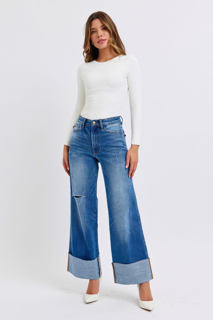 Judy Blue Daisy Distressed High Waist Wide Leg Jeans