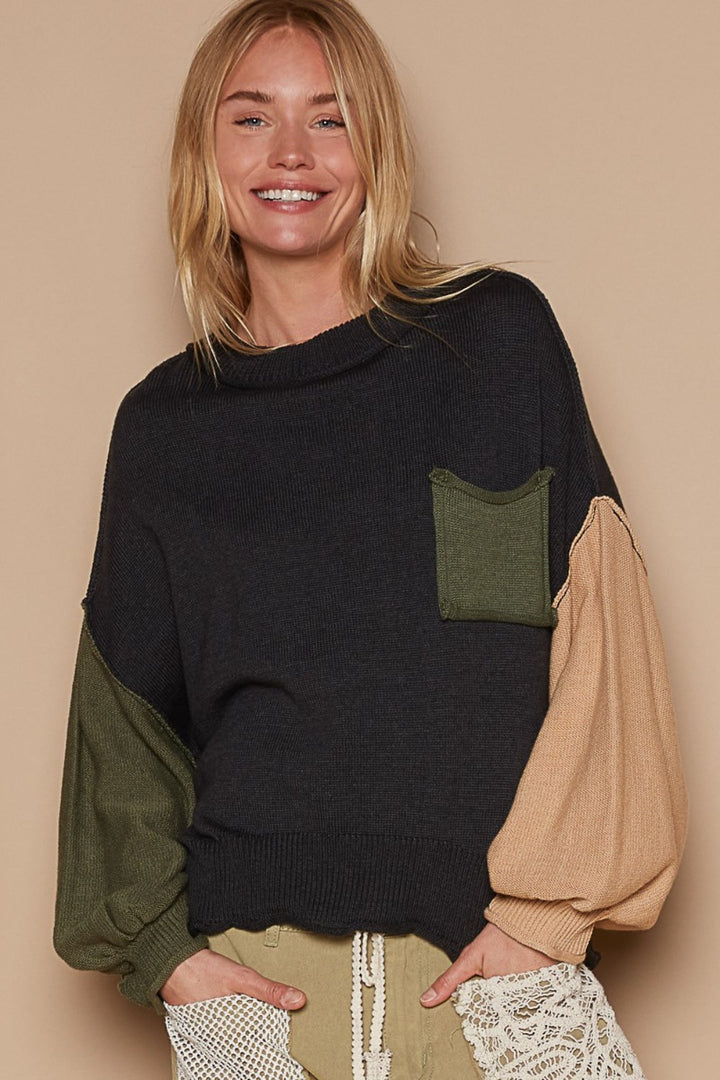 POL Color Block Roll Hem Hacci Sweater In Black