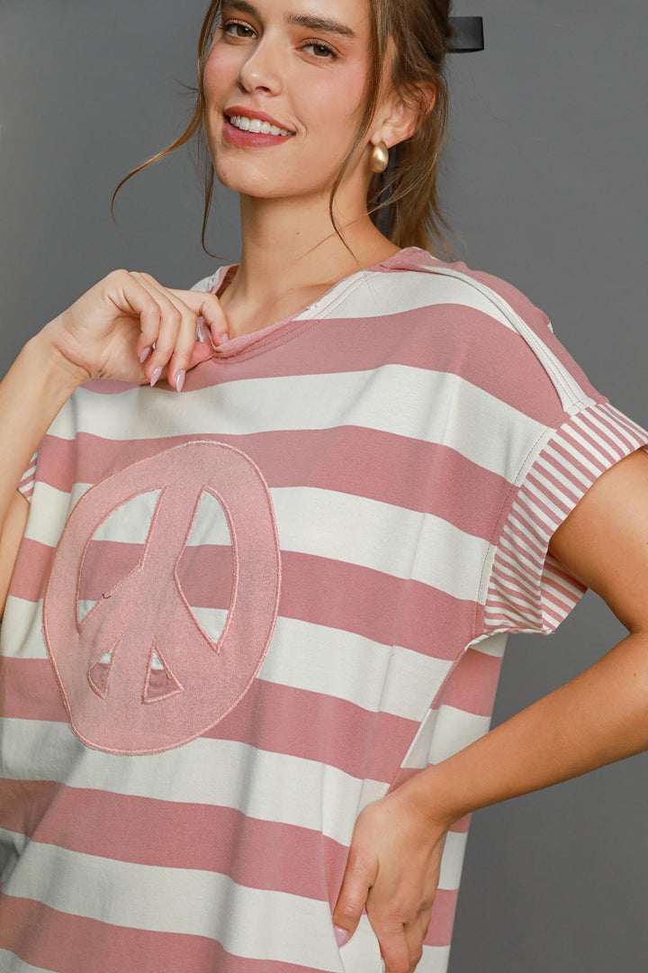 Umgee Peace Applique Striped Mini Dress In Dusty Pink