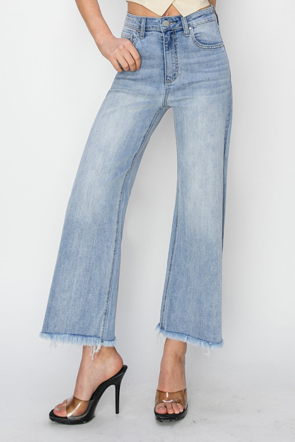 RISEN High Rise Crop Wide Fray Hem Jeans In Light Wash