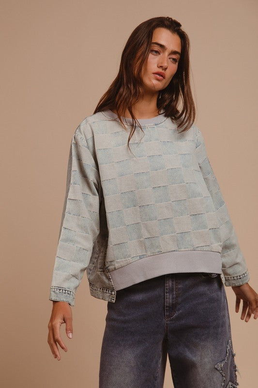 BiBi Mineral Washed Checkered Denim Top