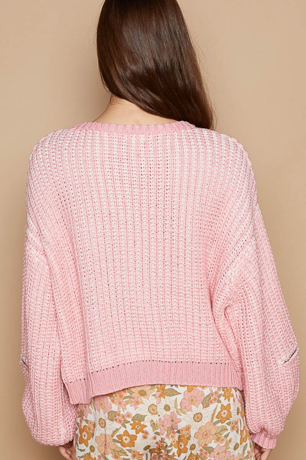 POL Round Neck Heart Patch Zipper Point Sleeve Sweater In Candy Pink