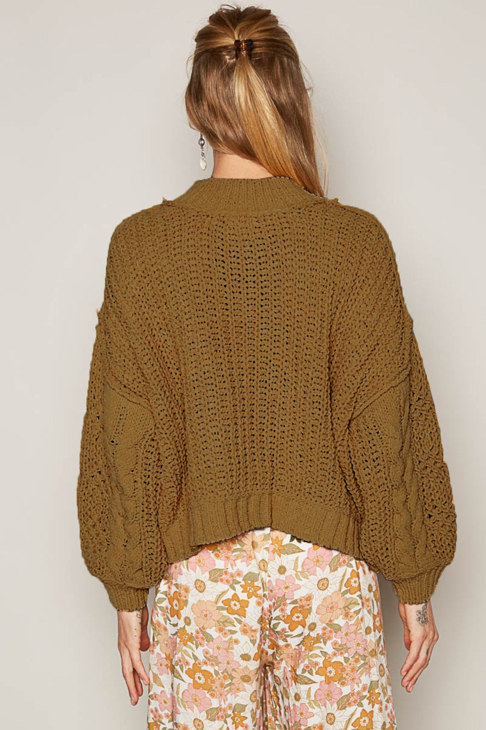 POL Mock Neck Cable Knit Sweater In Dusky Olive