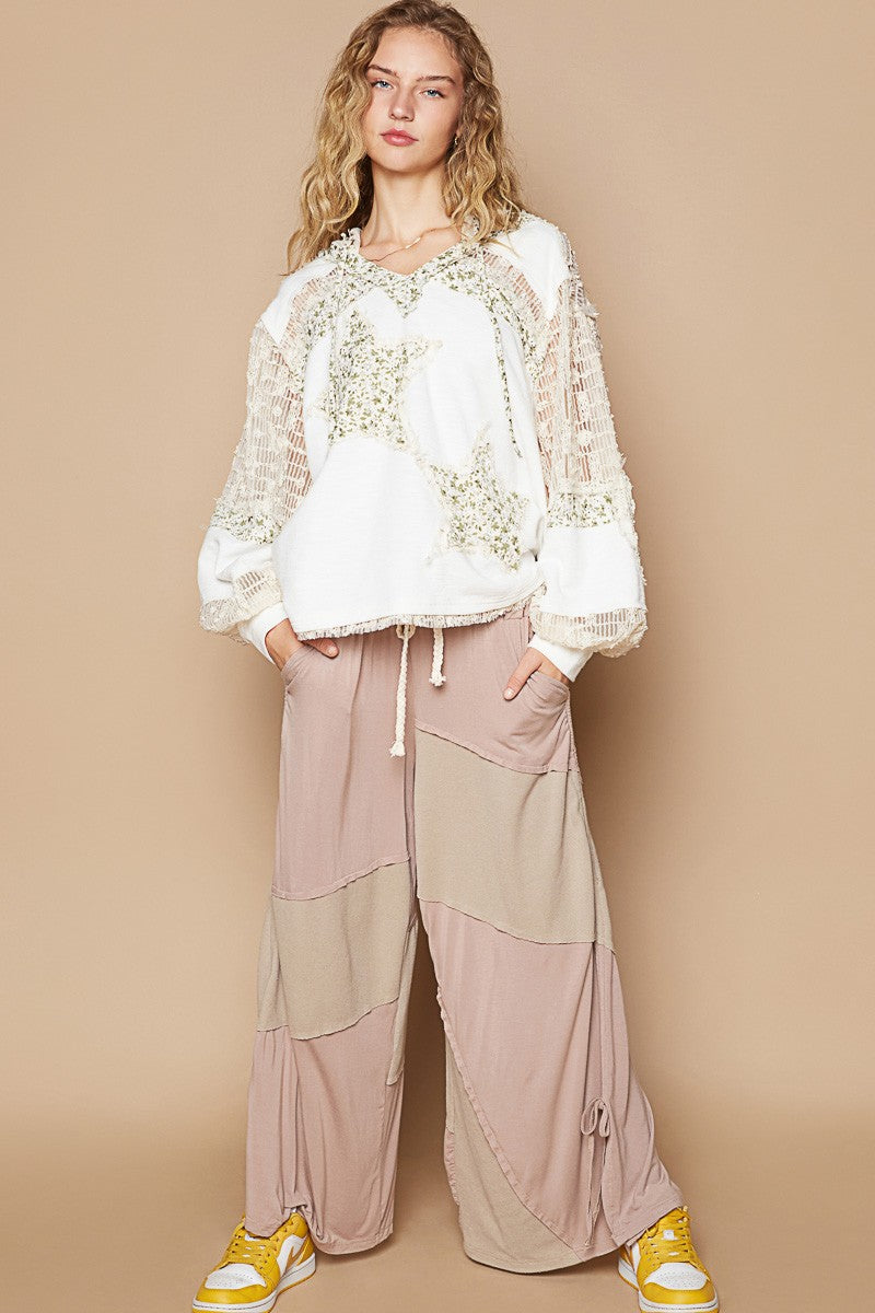 POL Star Patch Lace Contrast Long Sleeve Hooded Top In Ivory