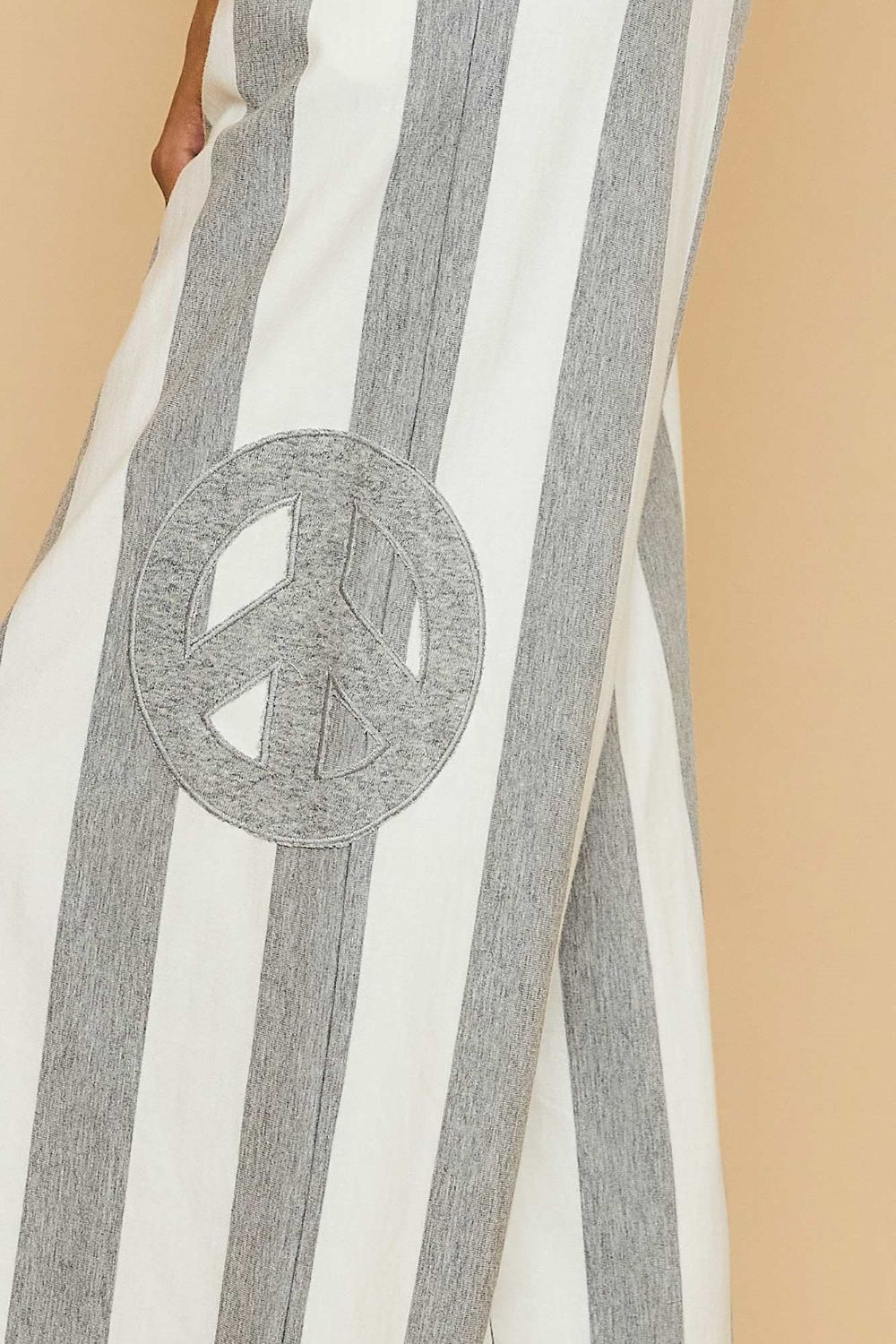 Umgee Peace Sign Patch Striped Wide Leg Pants In Gray