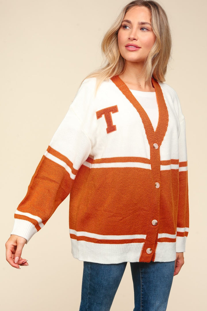 Haptics V Neck Button Down Letter Patch Cardigan In Burnt Orange