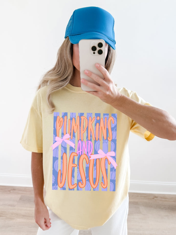 Retro Preppy Pumpkins and Jesus Comfort Colors Graphic Tee