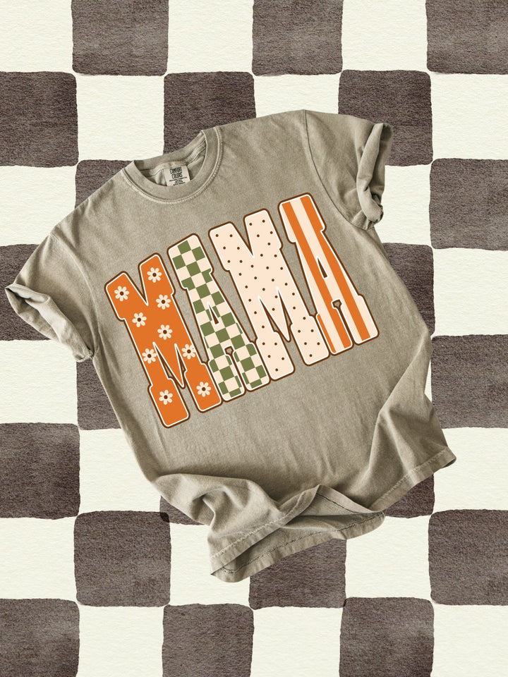 Retro MAMA Fall Floral Checkered Comfort Colors Graphic Tee
