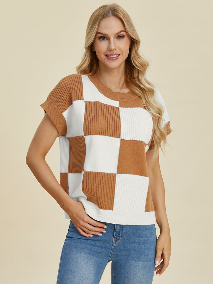 Double Take Checkered Short Sleeve Sweater