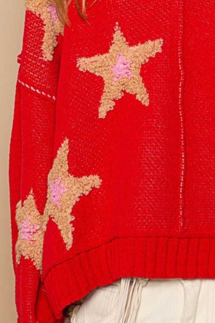 POL Long Sleeve Star Patch Sweater In Apple Red