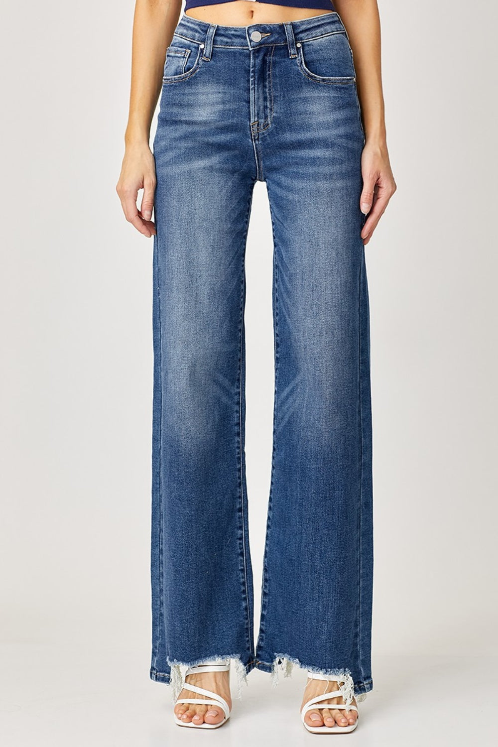 Risen Reece High Rise Frayed Hem Wide Leg Jeans