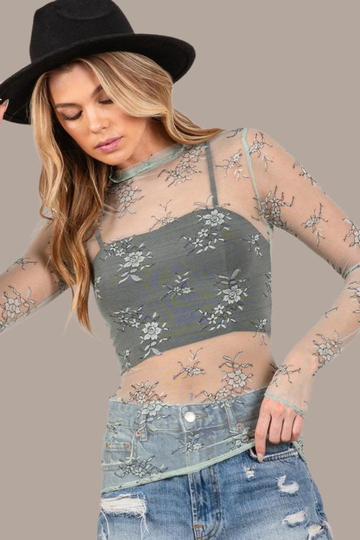 SAGE + FIG Mesh Long Sleeve Sheer Floral Embroidery Top In Sage