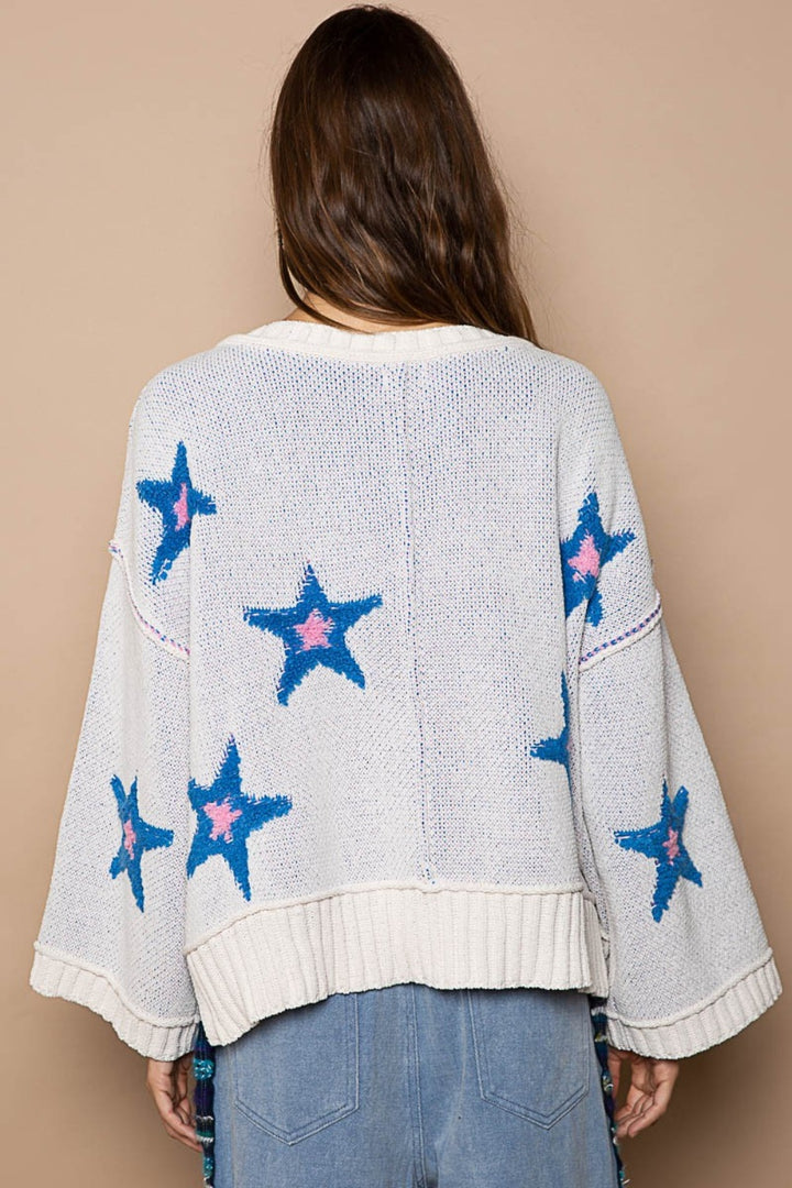 POL Long Sleeve Star Patch Sweater In White