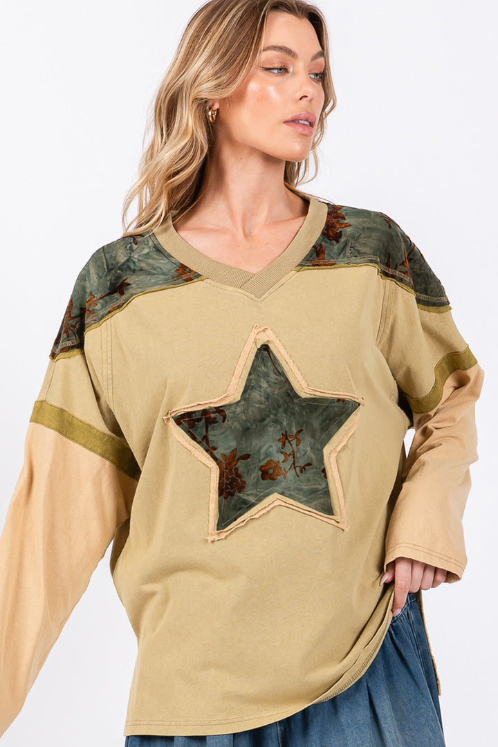 SAGE + FIG Star Patch Long Sleeve Color Block Top In Olive