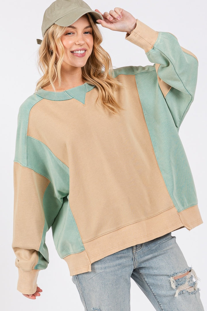 SAGE + FIG Color Block Round Neck Sweatshirt In Cookie