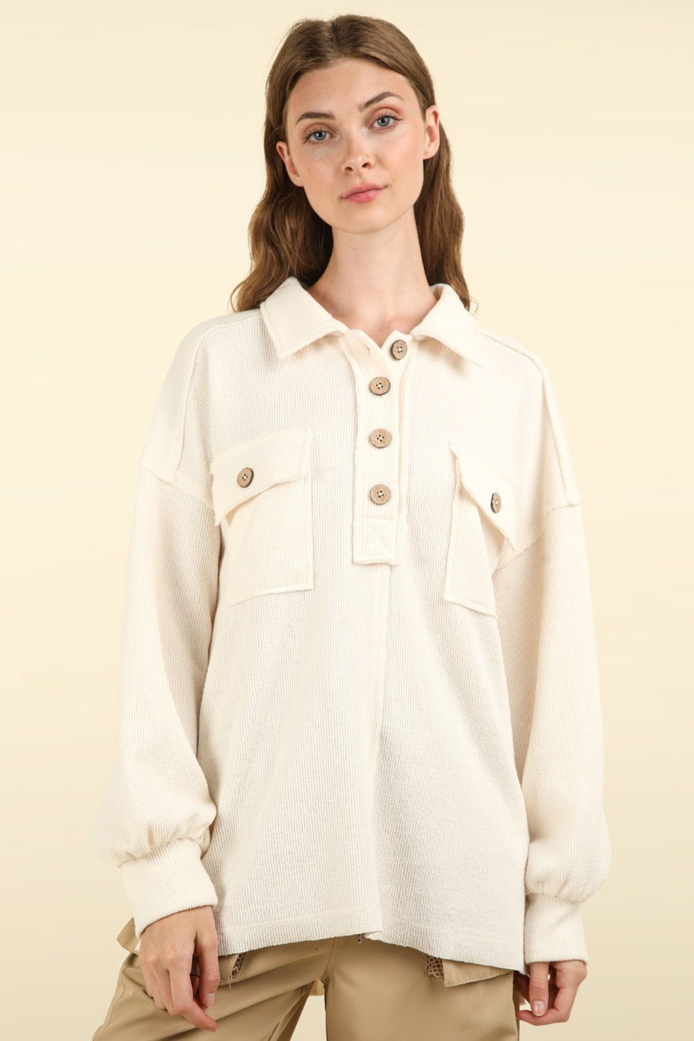 VERY J Collared Half Button Knit Top with Pockets In Cream