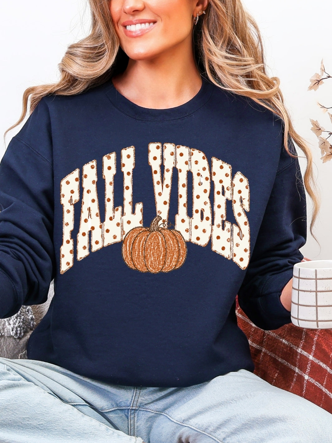 Retro Fall Vibes Polka Dots Pumpkin Graphic Crewneck Sweatshirt