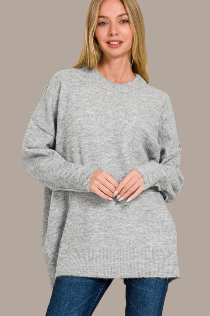 Zenana High-Low Hem Sweater In Grey