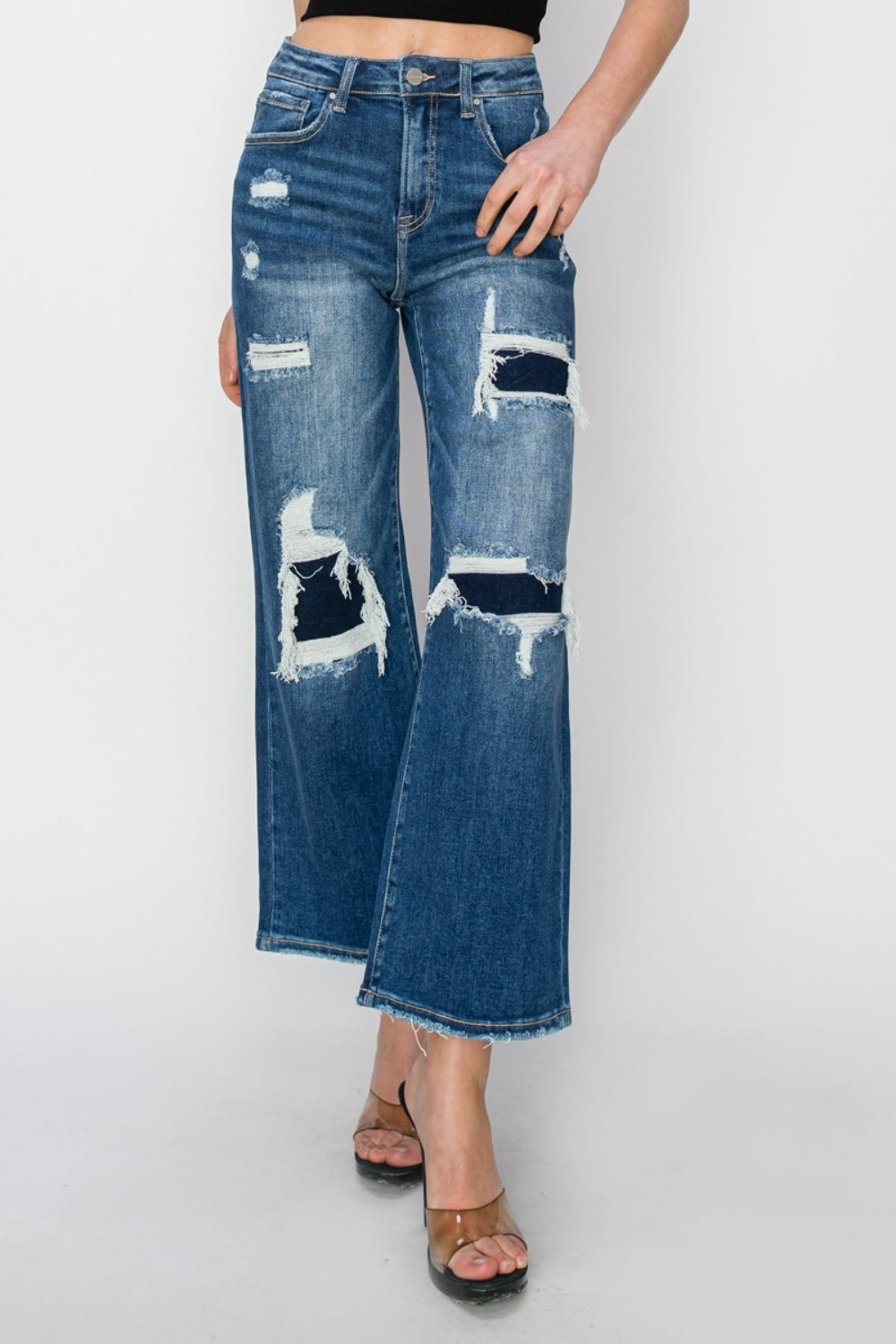 Risen Prime High Rise Patch Detailed Wide Leg Crop Jeans