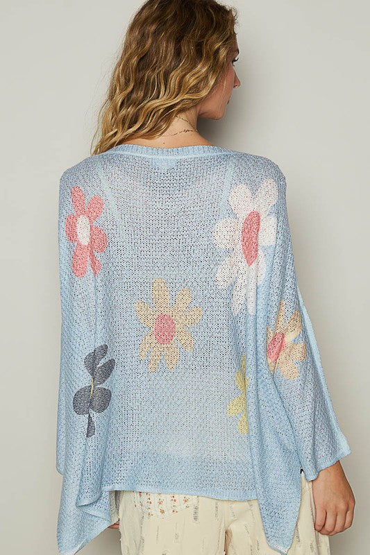 POL Flower Dropped Shoulder Knit Top In Baby Blue