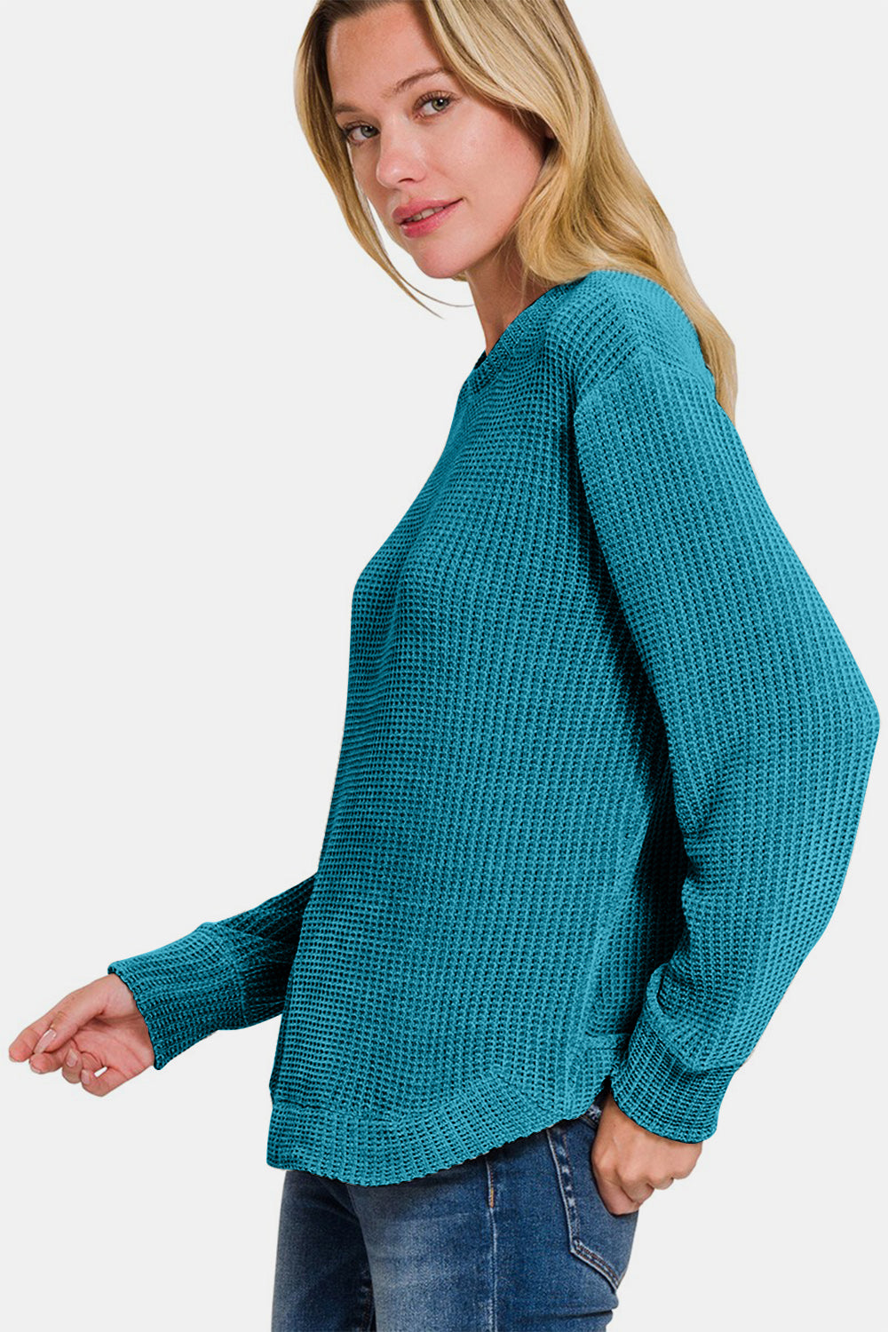 Zenana Chenille Waffle Round Neck Sweater In Ocean Teal