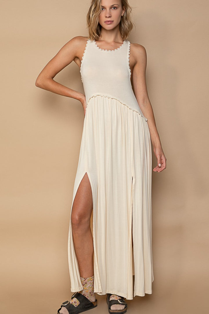 Zipper Chic Sleeveless Maxi Dress in Cream