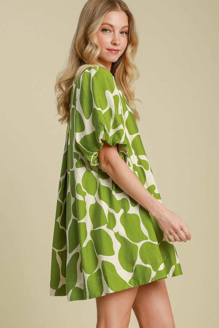 Umgee Abstract Print Puff Sleeve Dress In Lime