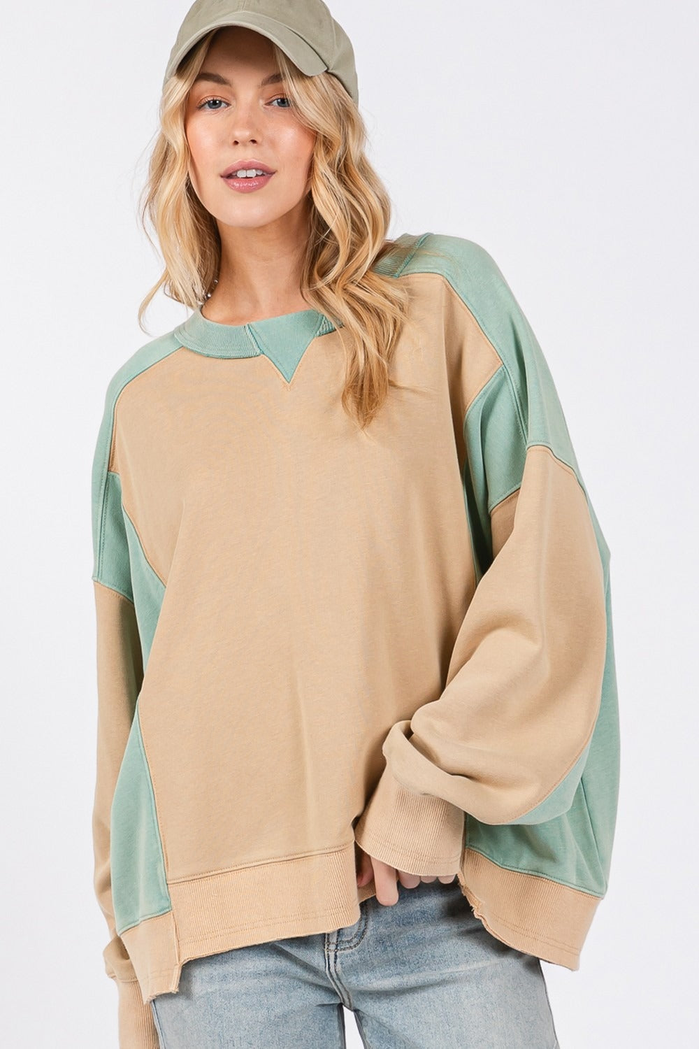 SAGE + FIG Color Block Round Neck Sweatshirt In Cookie