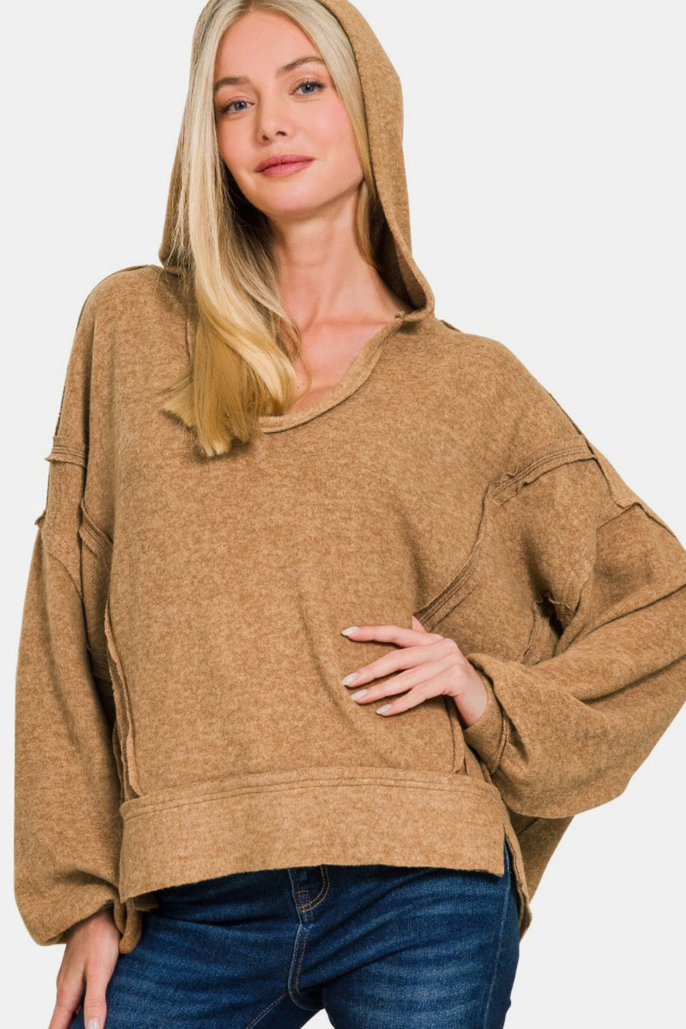 Zenana Brushed Hacci Exposed Seam Hoodie In Deep Camel